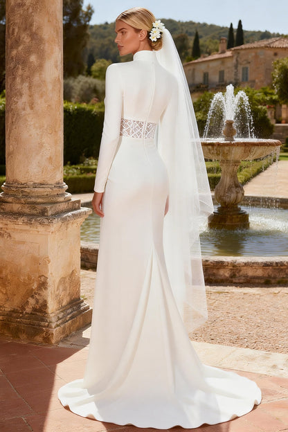 White Satin Keyhole High Neck Mermaid Sweep Train Wedding Dress with Slit