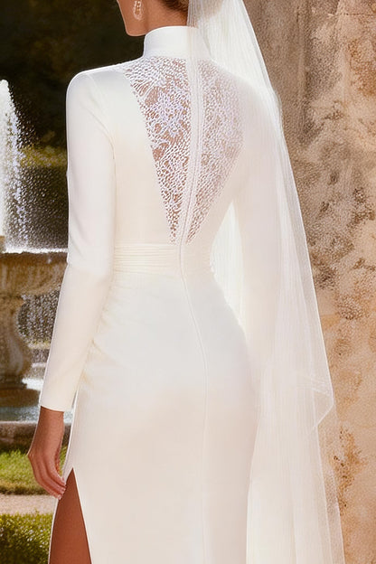 White Satin Keyhole Mermaid Long Sleeves Sweep Train Wedding Dress with Slit