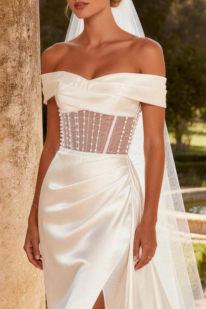 Sparkly Ivory Satin Corset Mermaid Beaded Sweep Train Wedding Dress with Slit