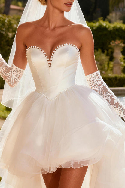 Ivory Tulle Beaded Sweetheart A Line High-Low Wedding Dress