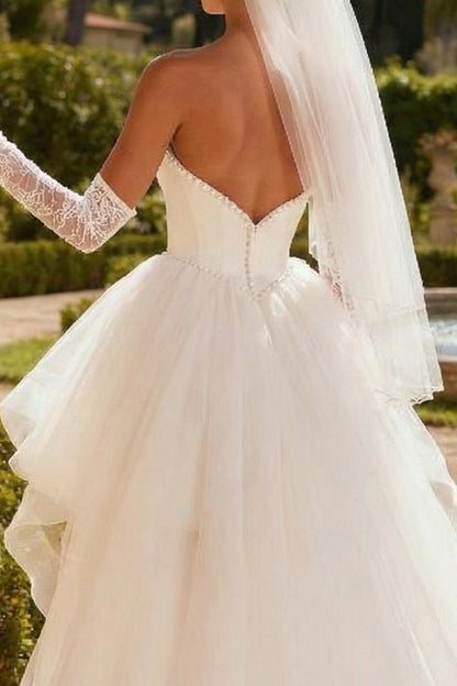 Ivory Tulle Beaded Sweetheart A Line High-Low Wedding Dress