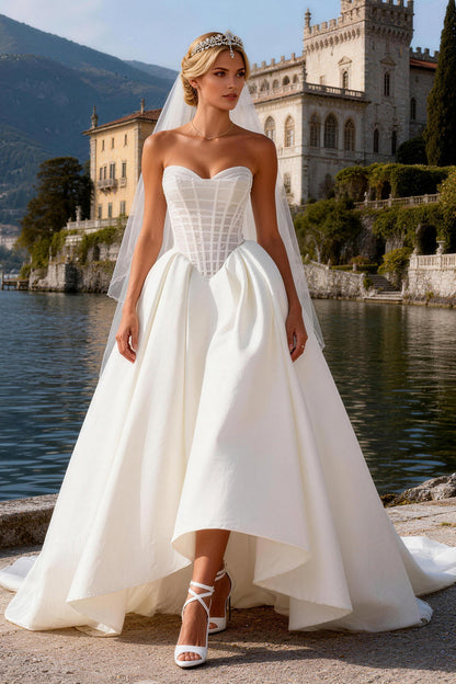 White Satin Corset Sweetheart A Line Sweep Train Wedding Dress