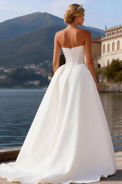 White Satin Corset Sweetheart A Line Sweep Train Wedding Dress