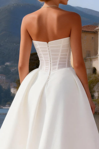 White Satin Corset Sweetheart A Line Sweep Train Wedding Dress