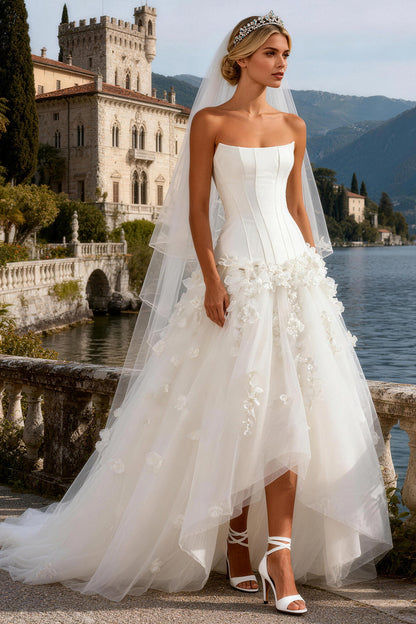 White Tulle Strapless A Line Corset Sweep Train Wedding Dress with 3D Flowers