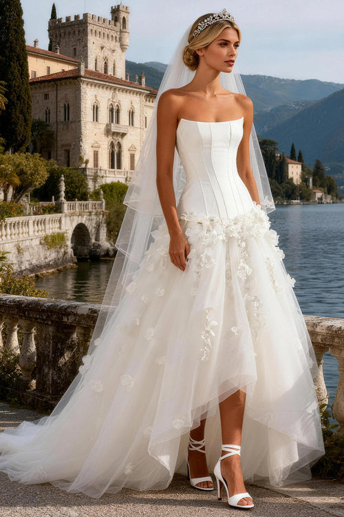 White Tulle Strapless A Line Corset Sweep Train Wedding Dress with 3D Flowers