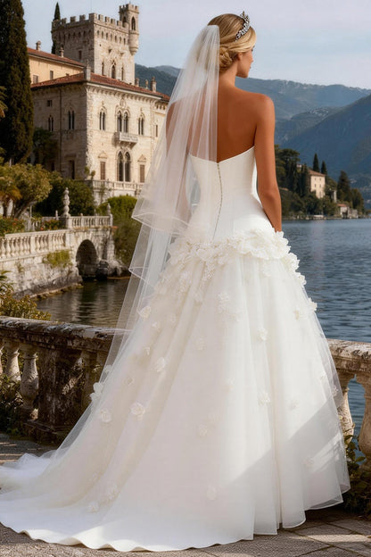 White Tulle Strapless A Line Corset Sweep Train Wedding Dress with 3D Flowers