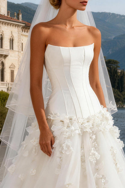 White Tulle Strapless A Line Corset Sweep Train Wedding Dress with 3D Flowers