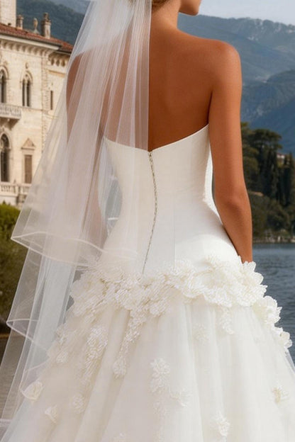White Tulle Strapless A Line Corset Sweep Train Wedding Dress with 3D Flowers