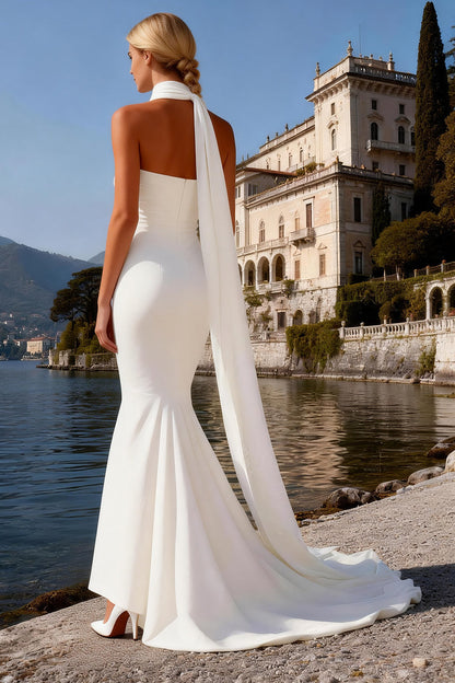 White Satin Neck Scarf Strapless Mermaid Sweep Train Wedding Dress