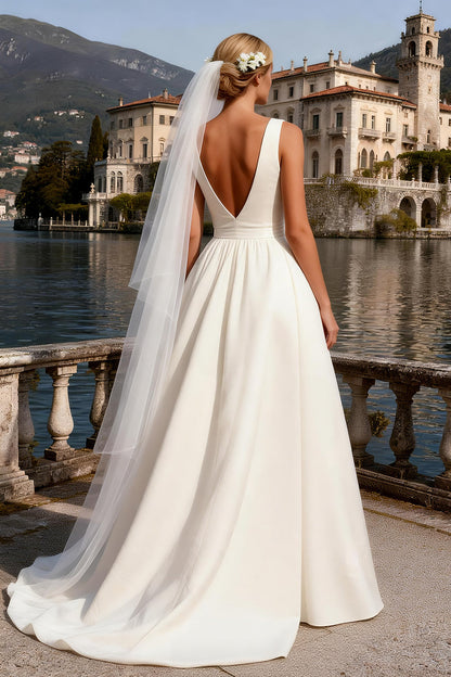 Ivory Satin V Neck Ball Gown Sweep Train Wedding Dress with Bow