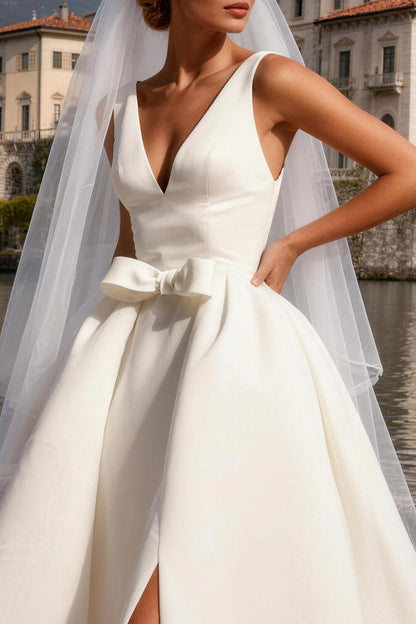 Ivory Satin V Neck Ball Gown Sweep Train Wedding Dress with Bow