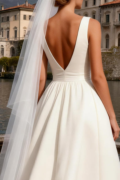 Ivory Satin V Neck Ball Gown Sweep Train Wedding Dress with Bow