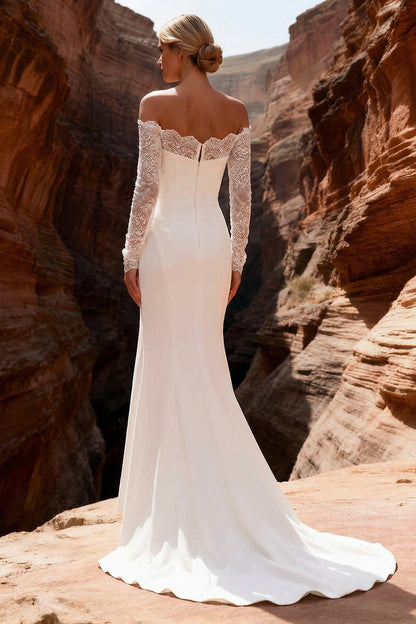 White Satin Mermaid Lace Sleeves Sweep Train Wedding Dress with Slit