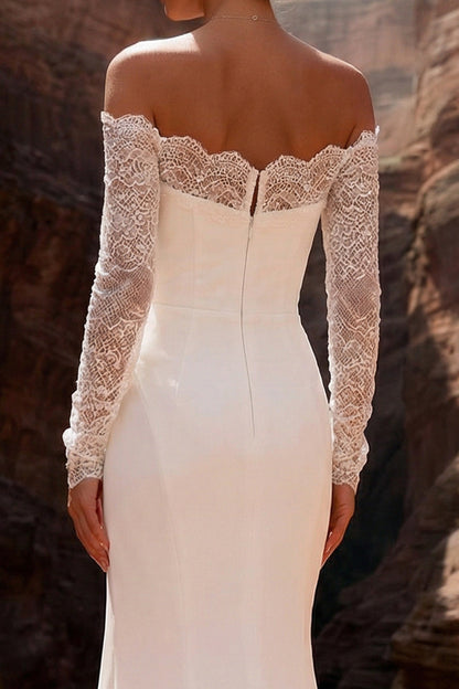 White Satin Mermaid Lace Sleeves Sweep Train Wedding Dress with Slit