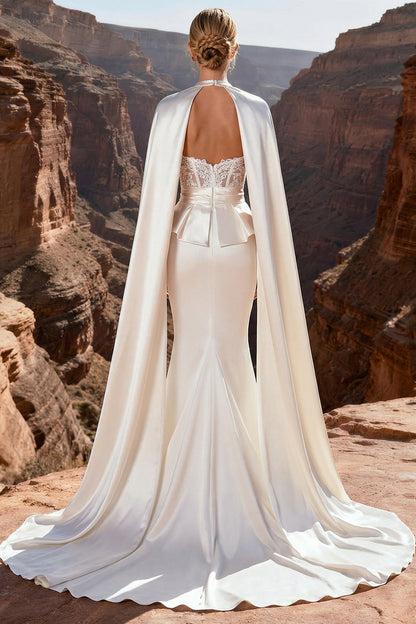 Ivory Satin Mermaid Sweetheart Corset Sweep Train Wedding Dress with Cape