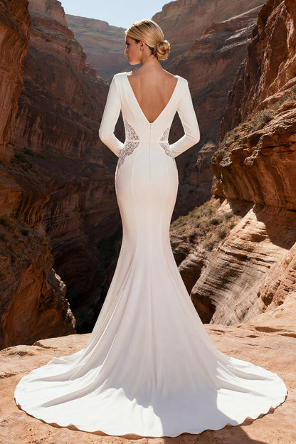 White Mermaid Long Sleeves Sweep Train Wedding Dress with Lace