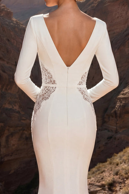 White Mermaid Long Sleeves Sweep Train Wedding Dress with Lace