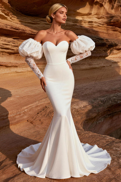 White Satin Mermaid Sweetheart Sweep Train Wedding Dress with Sleeves