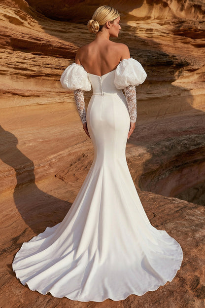 White Satin Mermaid Sweetheart Sweep Train Wedding Dress with Sleeves