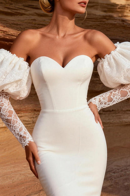 White Satin Mermaid Sweetheart Sweep Train Wedding Dress with Sleeves