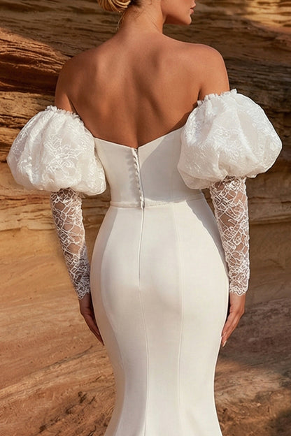 White Satin Mermaid Sweetheart Sweep Train Wedding Dress with Sleeves