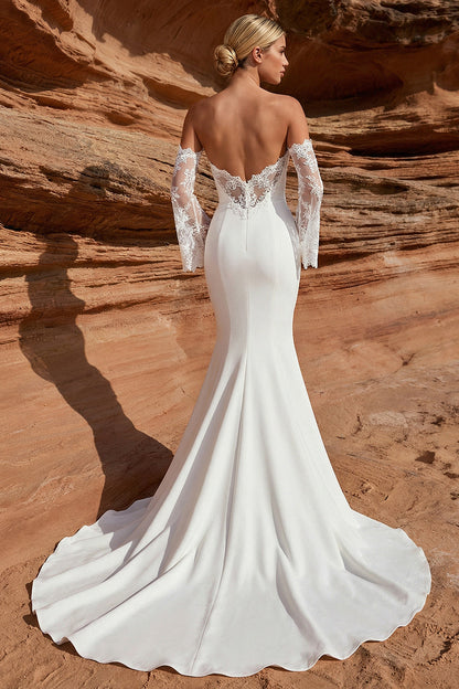 White Satin Mermaid Sweetheart Lace Sleeves Sweep Train Wedding Dress