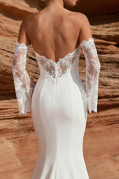 White Satin Mermaid Sweetheart Lace Sleeves Sweep Train Wedding Dress