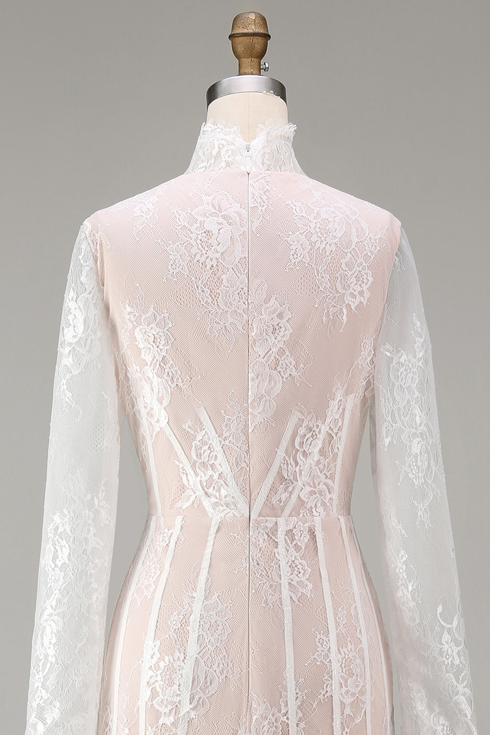 White Corset High Neck Lace Maxi A Line Boho Wedding Dress with Sleeves
