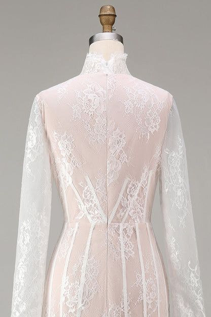 White Corset High Neck Lace Maxi A Line Boho Wedding Dress with Sleeves