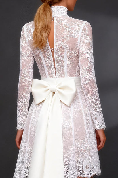 White High Neck High-Low Corset A Line Boho Wedding Dress with Sleeves