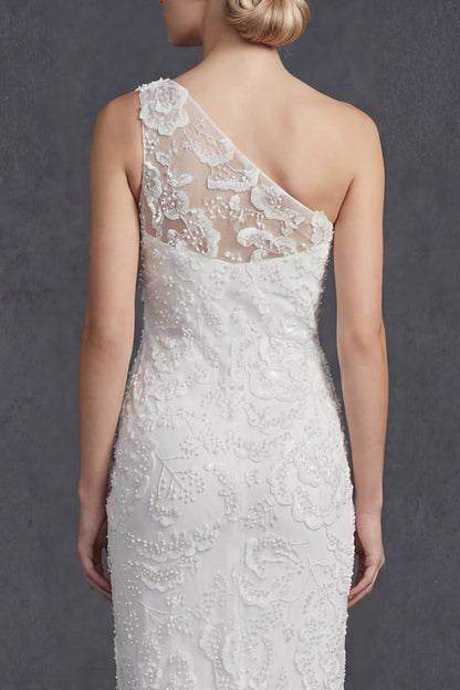 Sparkly White Floral Mermiad Maxi One Shoulder Beaded Boho Wedding Dress with Appliques