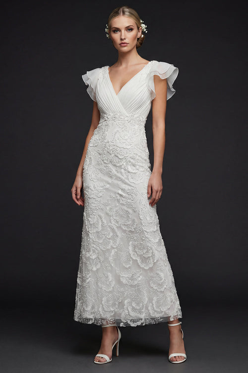 Sparkly White Floral V Neck Maxi Appliqued Beaded Boho Wedding Dress with Ruffles