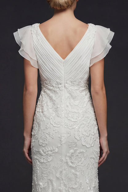Sparkly White Floral V Neck Maxi Appliqued Beaded Boho Wedding Dress with Ruffles