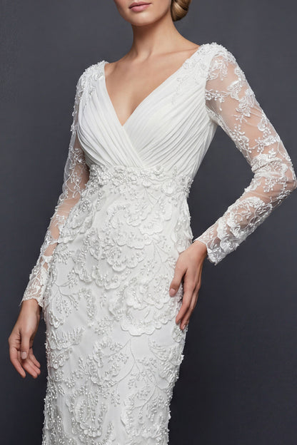 Sparkly White V-Neck Beaded Appliqued Maxi Mermaid Floral Boho Wedding Dress