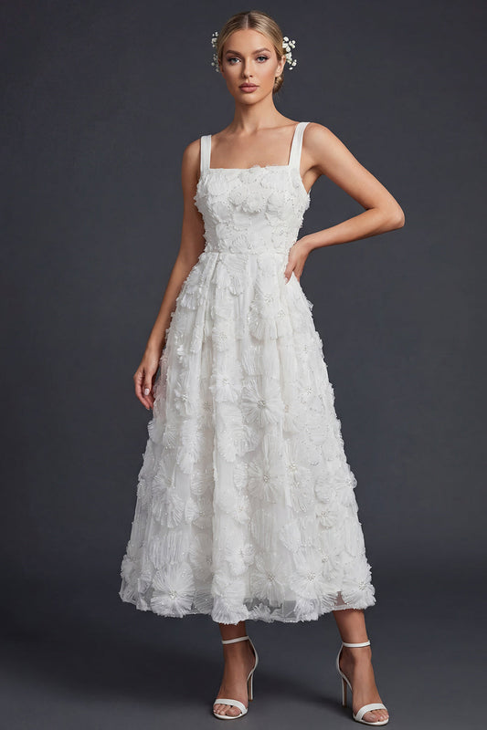 Sparkly White Maxi Beaded Floral Boho Wedding Dress with Beading