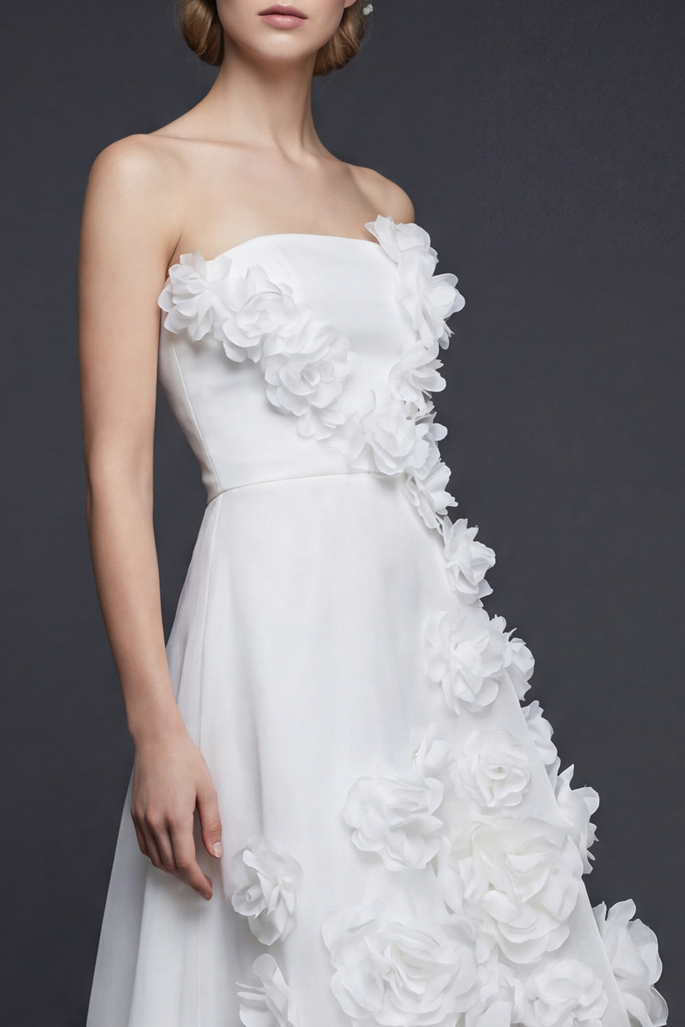 White Strapless A Line High-Low Boho Wedding Dress with 3D Flowers