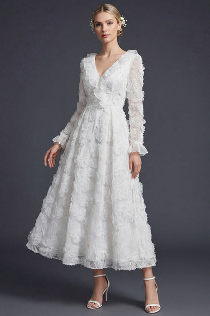 Sparkly White Ruffled Beaded Floral Maxi Appliqued Boho Wedding Dress