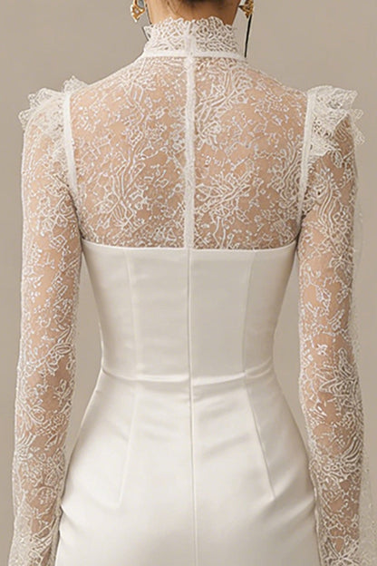 White Bodycon Short High Neck Ruffled Graduation Dress with Sleeves