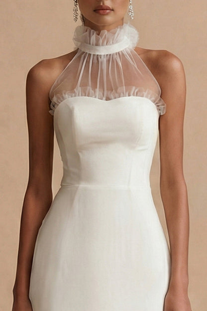 White Sheath Round Neck Ruffled Maxi Engagement Dress