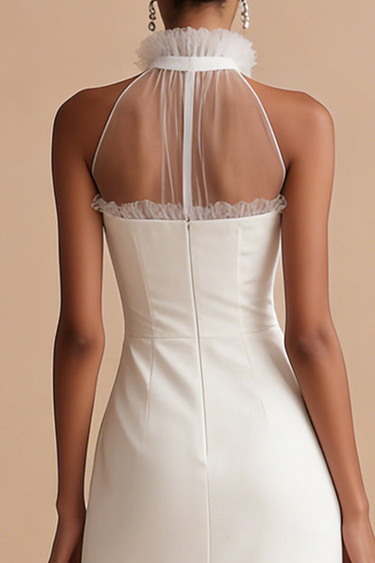 White Sheath Round Neck Ruffled Maxi Engagement Dress