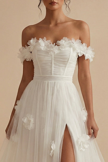 White Corset Off the Shoulder Long Floral Wedding Reception Dress with Slit