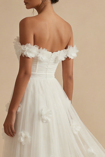 White Corset Off the Shoulder Long Floral Wedding Reception Dress with Slit