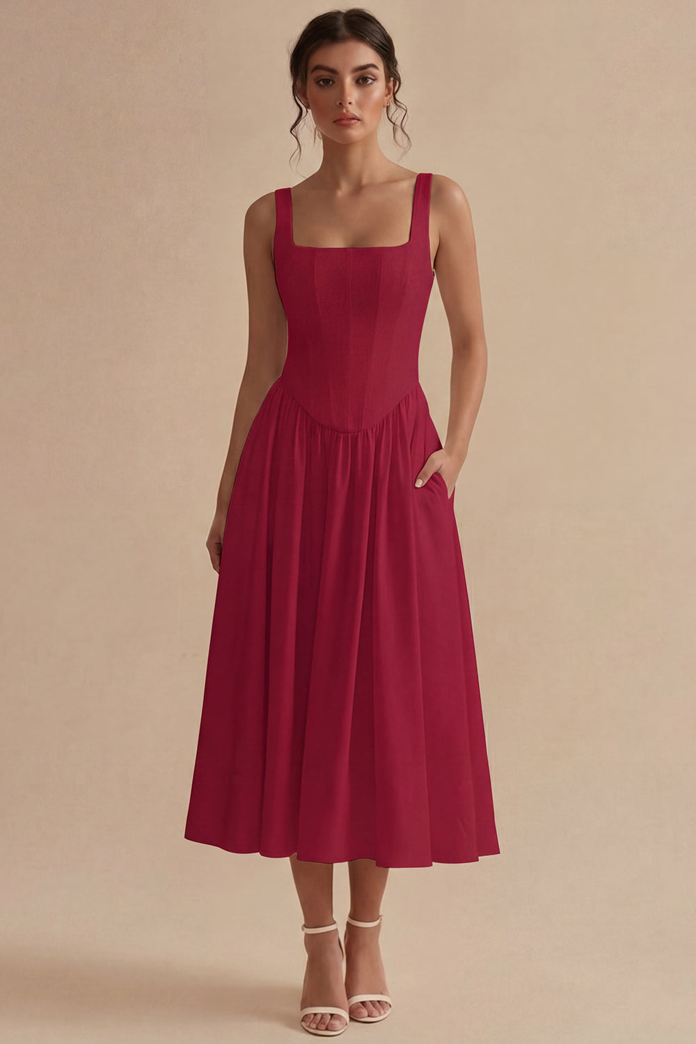 White Maxi Basque Waist Square Neck Corset Engagement Dress