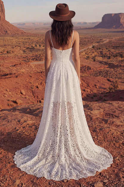 Ivory High Low A Line Floral Lace Spaghetti Straps Boho Wedding Dress