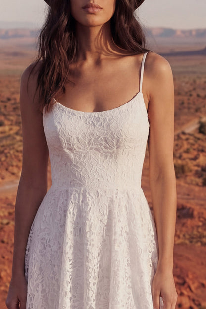 Ivory High Low A Line Floral Lace Spaghetti Straps Boho Wedding Dress