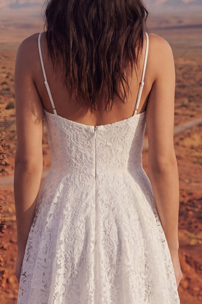 Ivory High Low A Line Floral Lace Spaghetti Straps Boho Wedding Dress