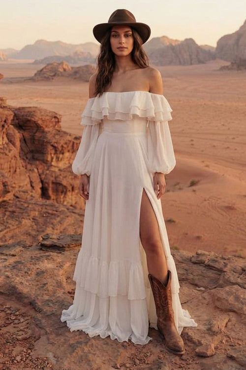 Maxi A Line Ivory Beach Wedding Dress with Ruffles