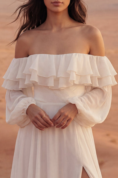 Maxi A Line Ivory Beach Wedding Dress with Ruffles
