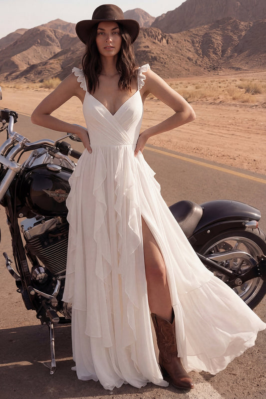 A Line Ivory Maxi V-Neck Beach Wedding Dress with Ruffles